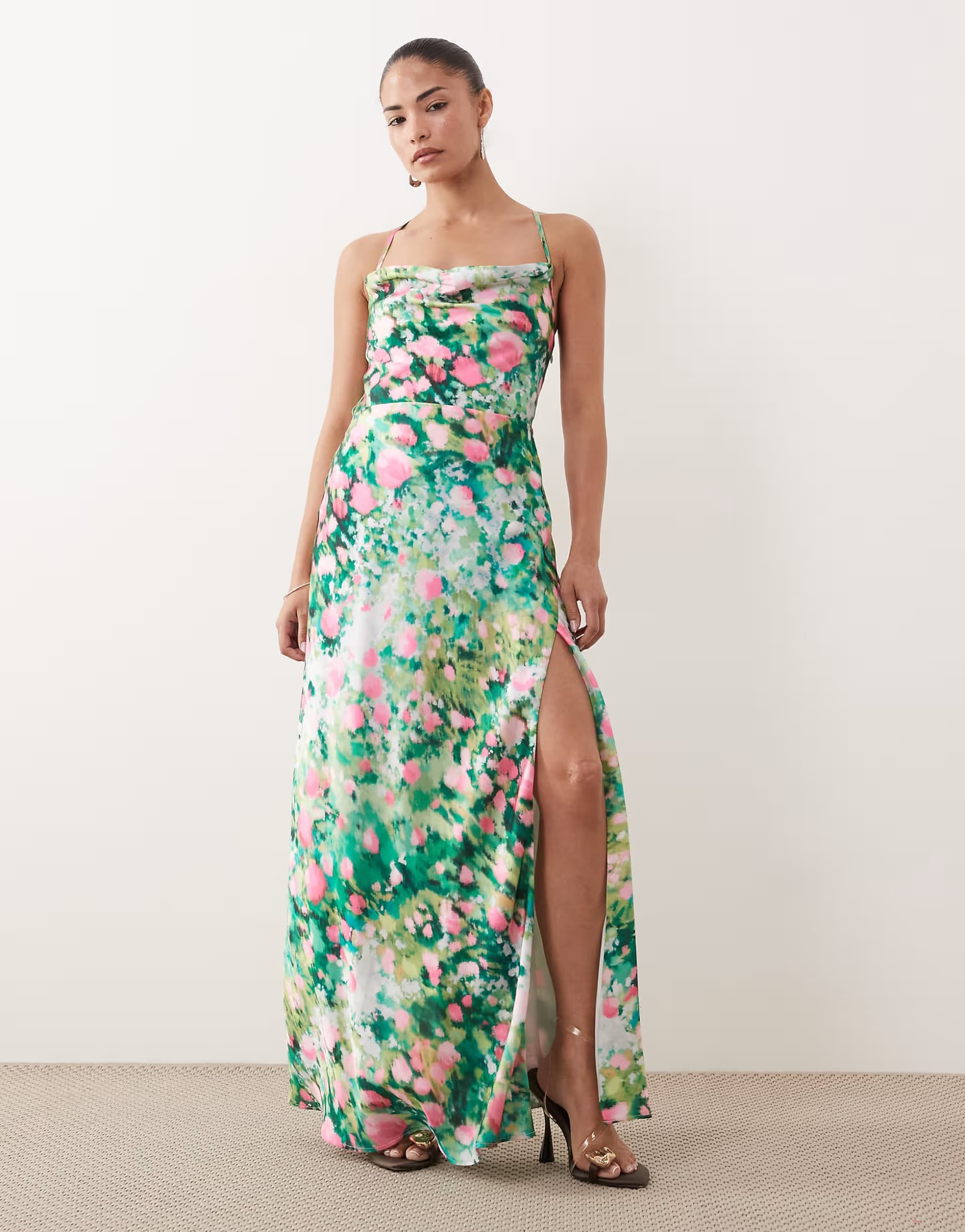 ASOS Hope & Ivy Petite satin cowl neck tie back slit front maxi dress in green garden floral