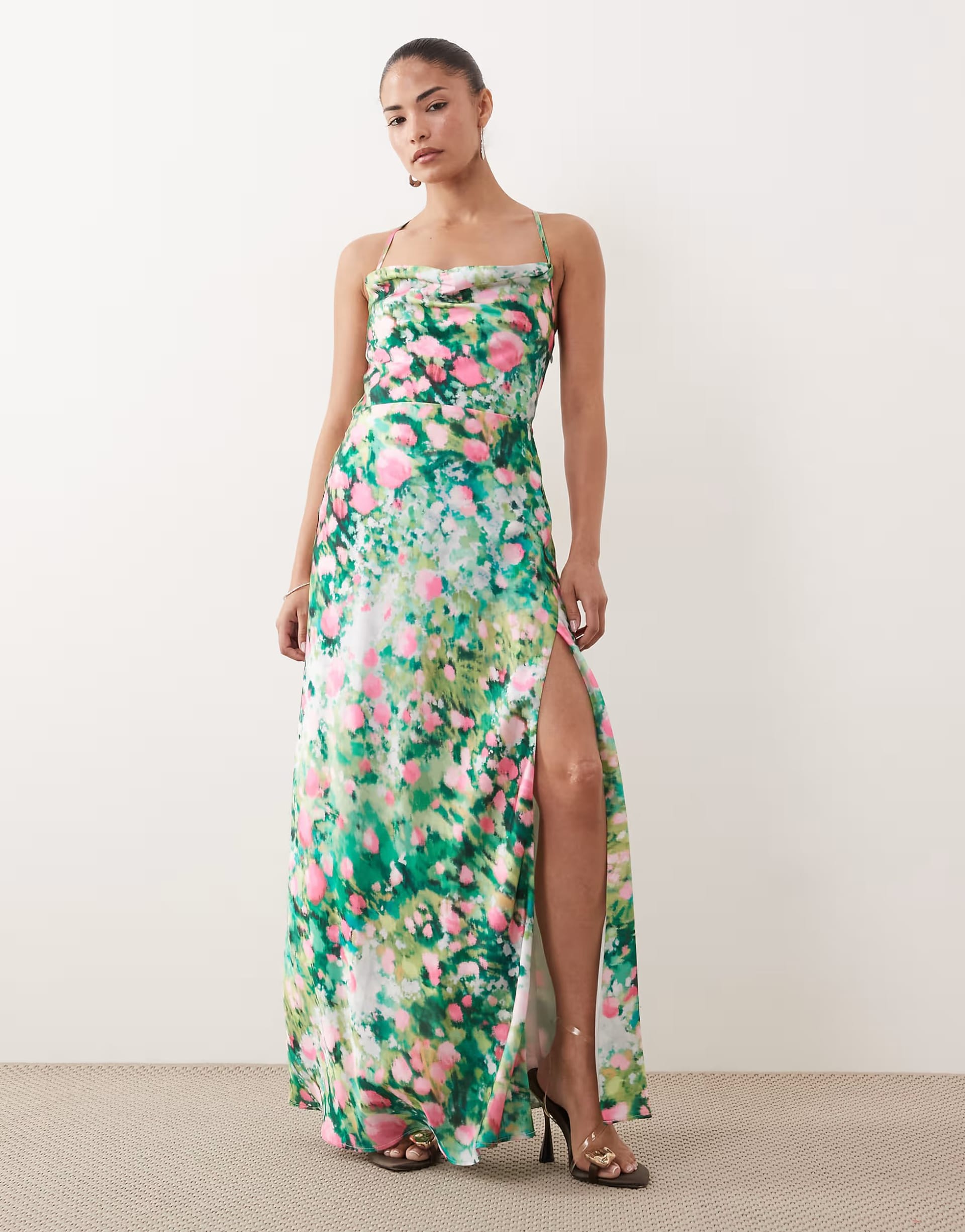 ASOS Green Floral Satin Cowl Neck Maxi Dress