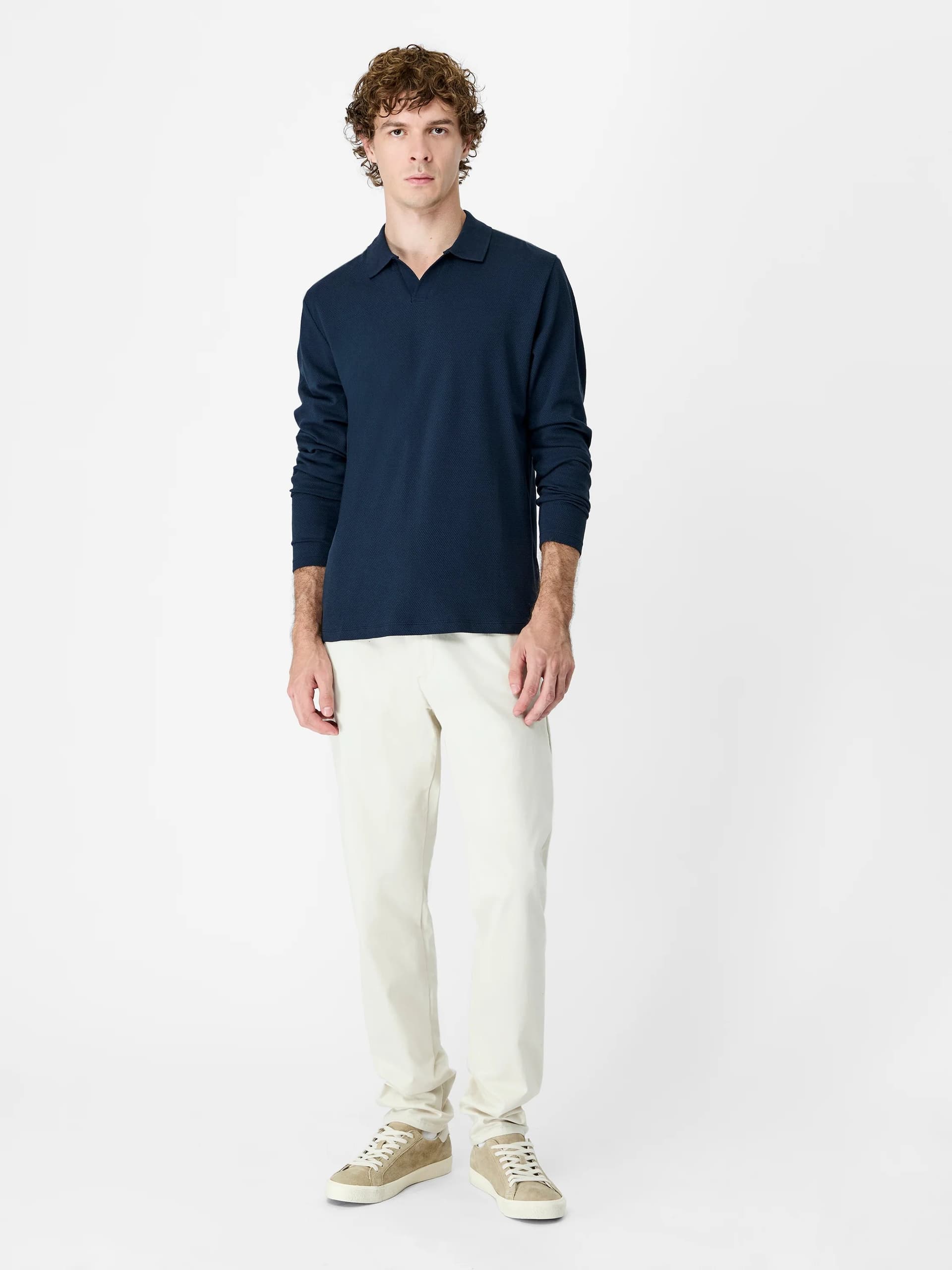 French Connection Navy Popcorn Textured Long Sleeve Polo Shirt Navy