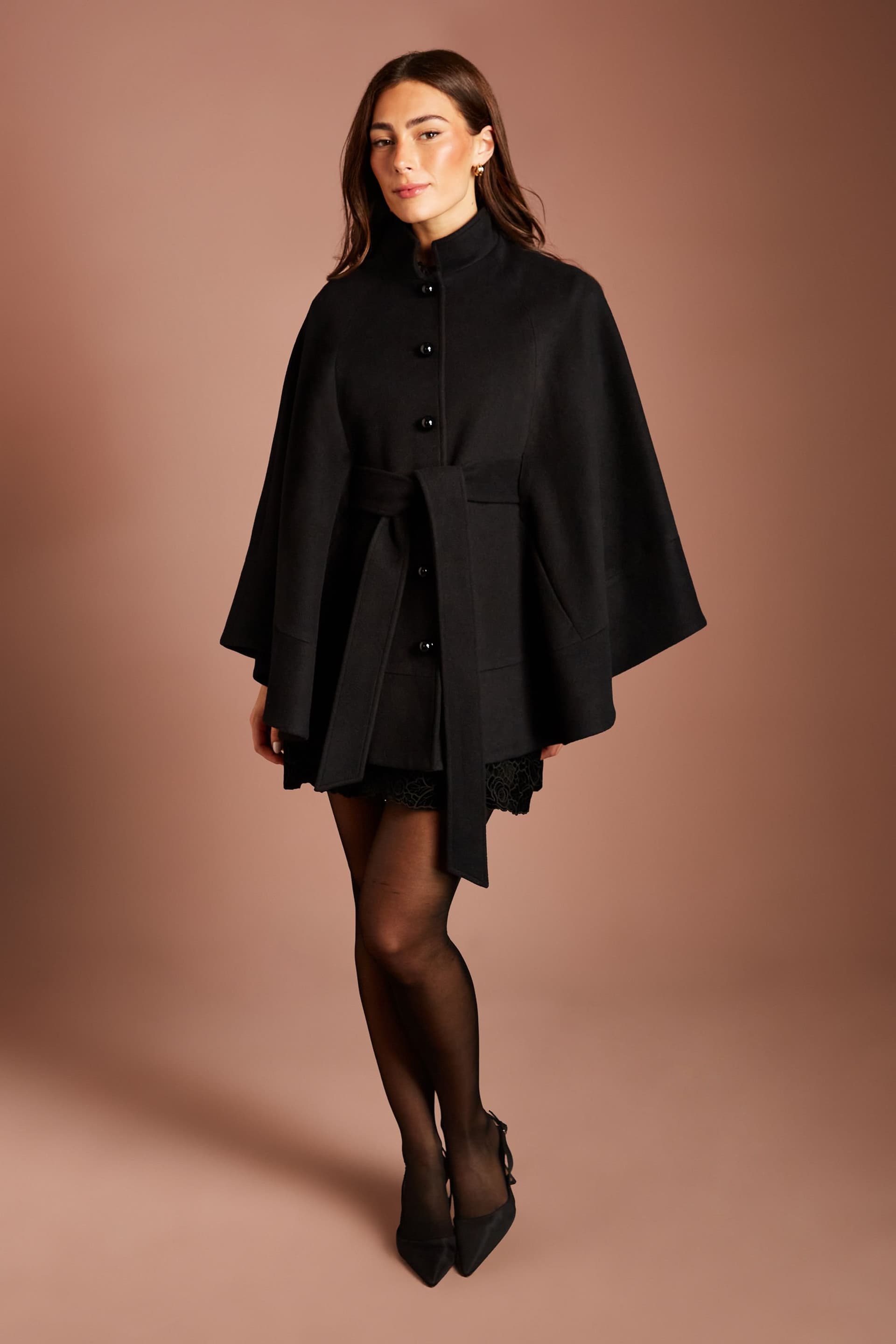 Coast Coast Women's Faux Pearl Button Detail Belted Occasion Cape Coat in Black