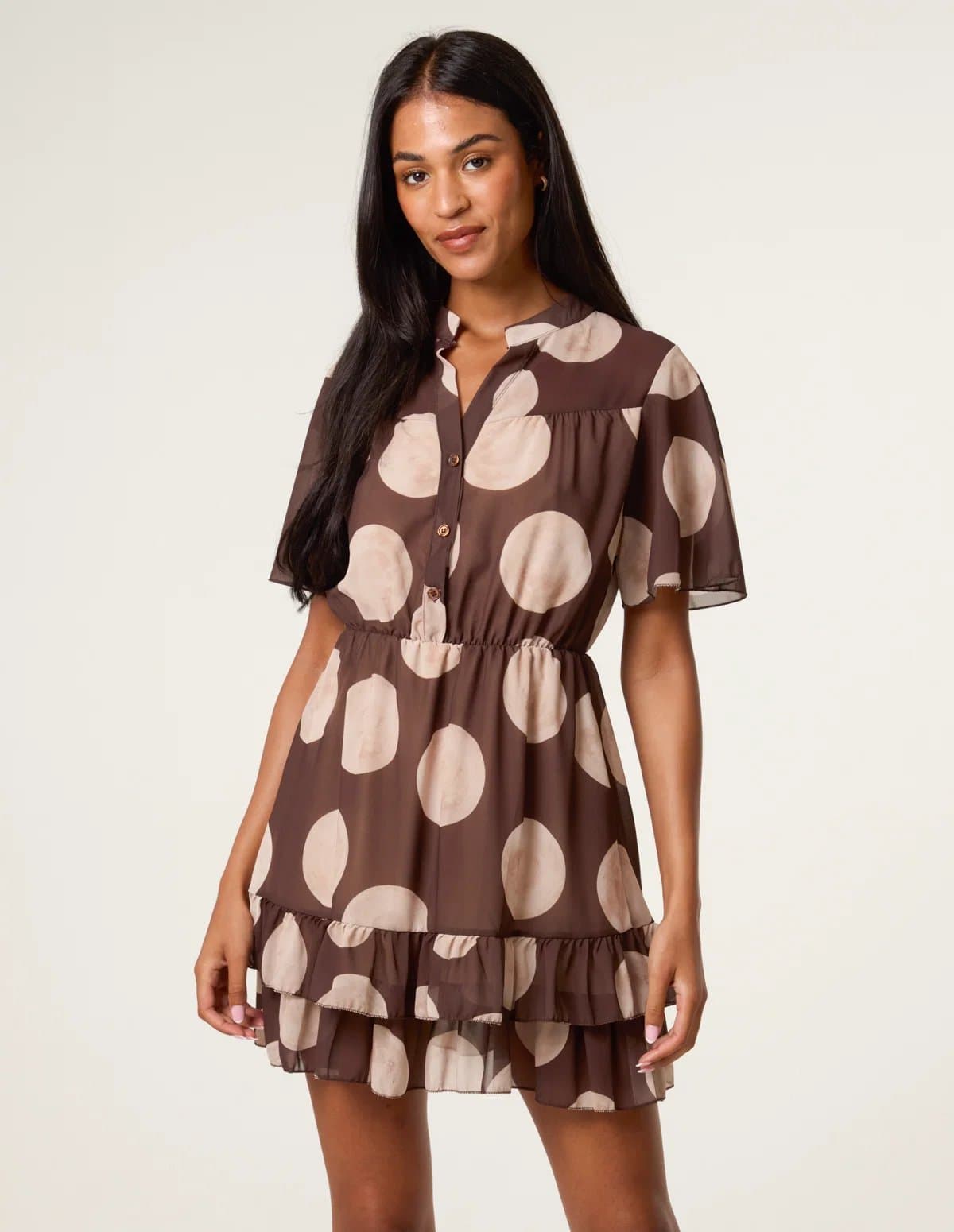 Blue Vanilla Polka Dot Button Up Double Frill Short Sleeve Dress