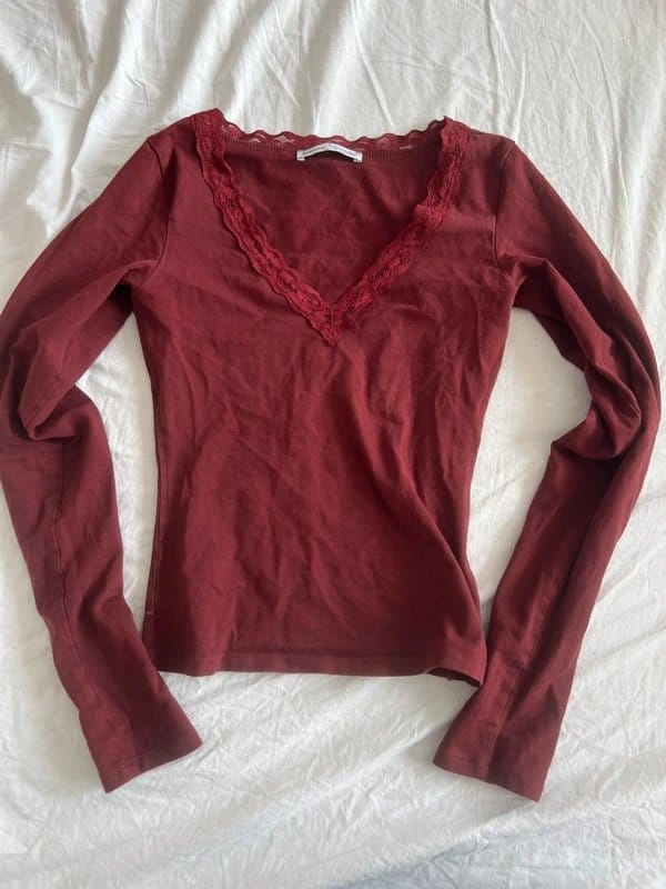 Bershka Burgundy Lace Fitted Long Sleeve Top