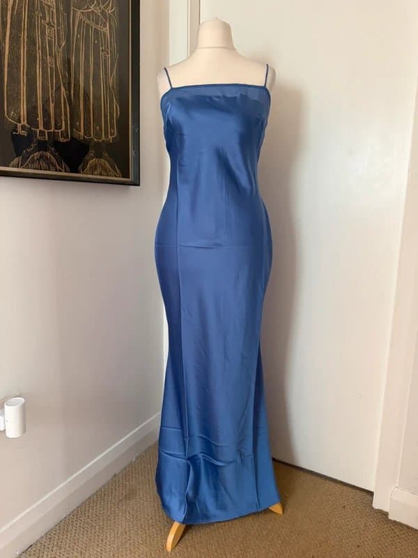ASOS Design Blue Satin Slip Maxi Dress, Occasion Evening Gown Formal Wedding Guest - Size UK 12