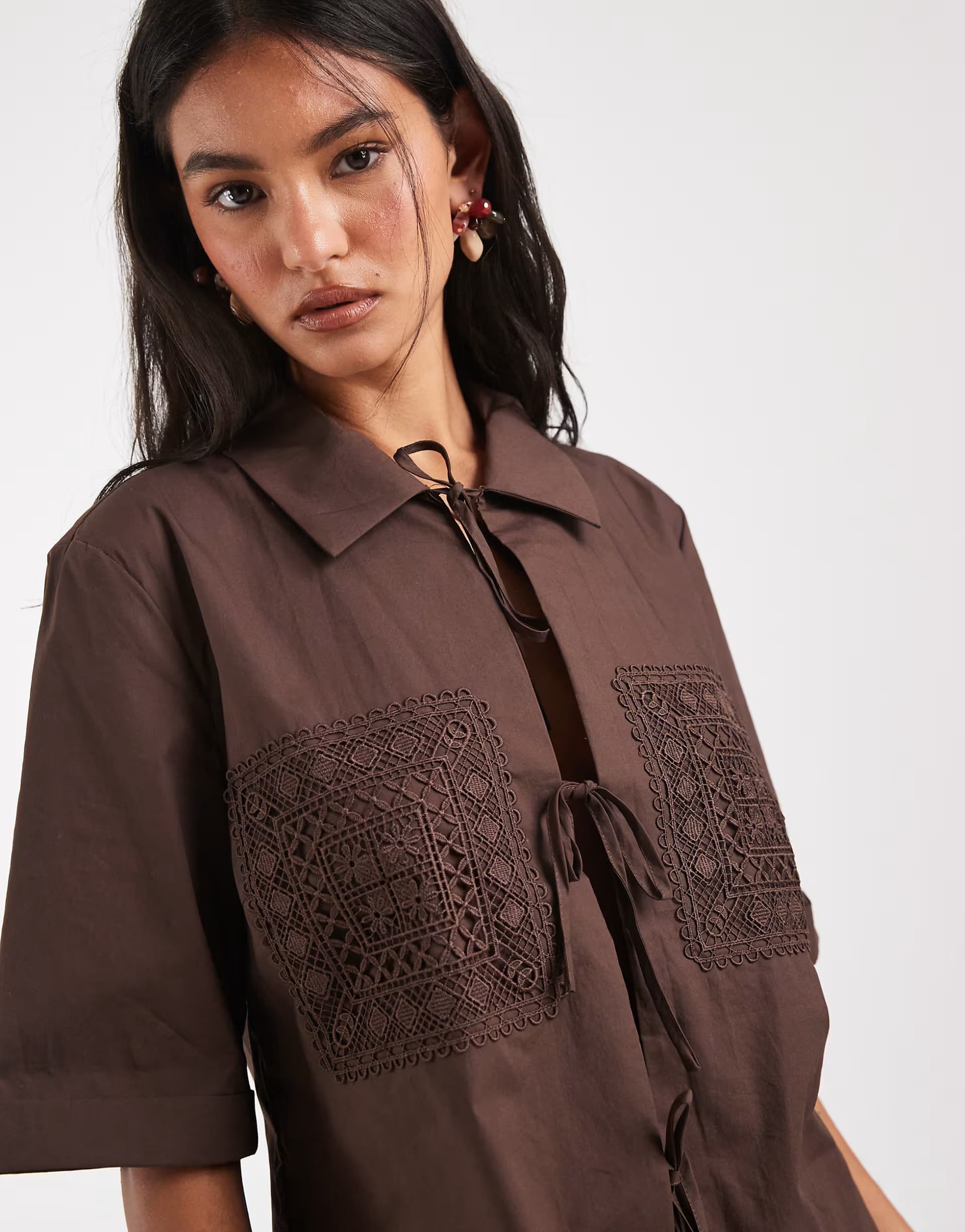 ASOS Object poplin crochet patch tie front shirt co-ord in chocolate
