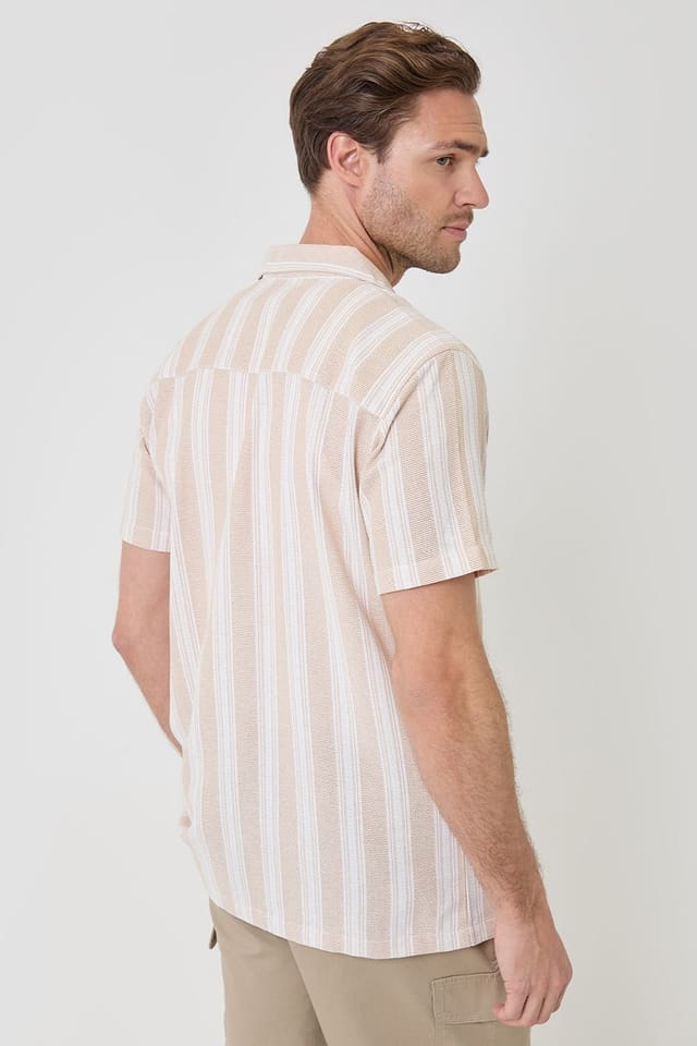 Threadbare Threadbare Men's Knitted Cotton Blend Short Sleeve Shirt in Stone - 2