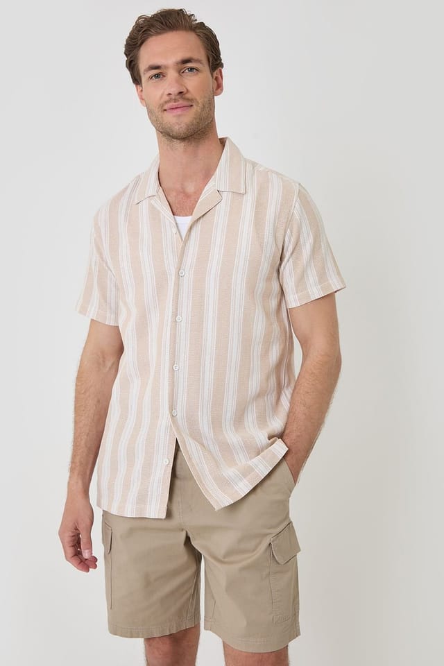 Threadbare Threadbare Men's Knitted Cotton Blend Short Sleeve Shirt in Stone - 3