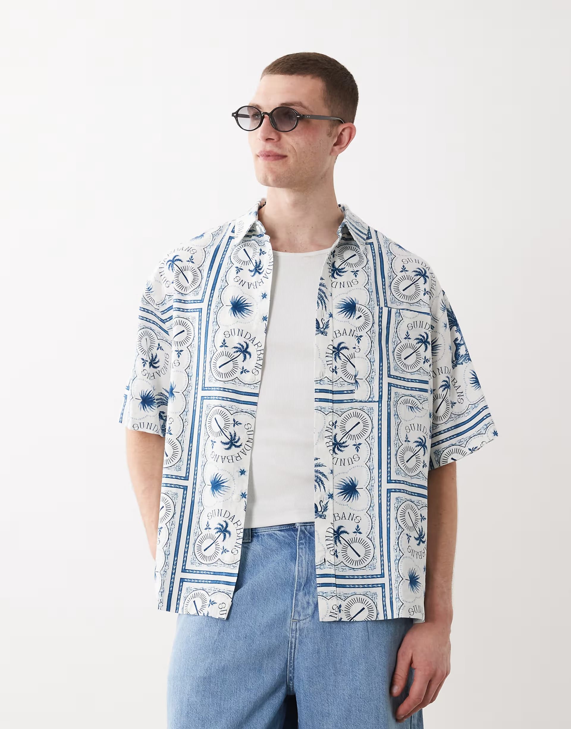 ASOS ASOS DESIGN oversized linen blend shirt with tile print in blue