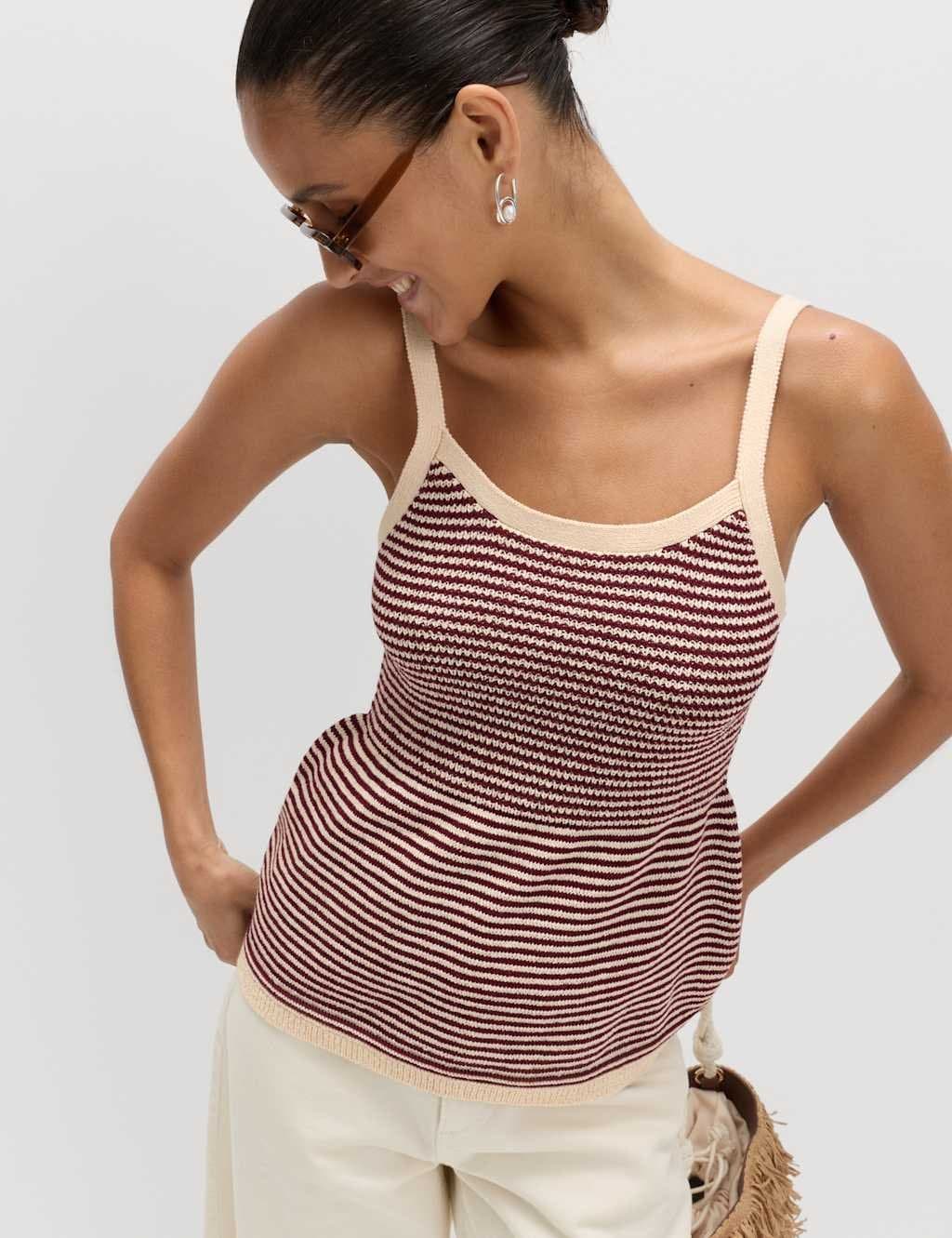 Marks & Spencer M&S Cotton Blend Striped Square Neck Knitted Vest Multi