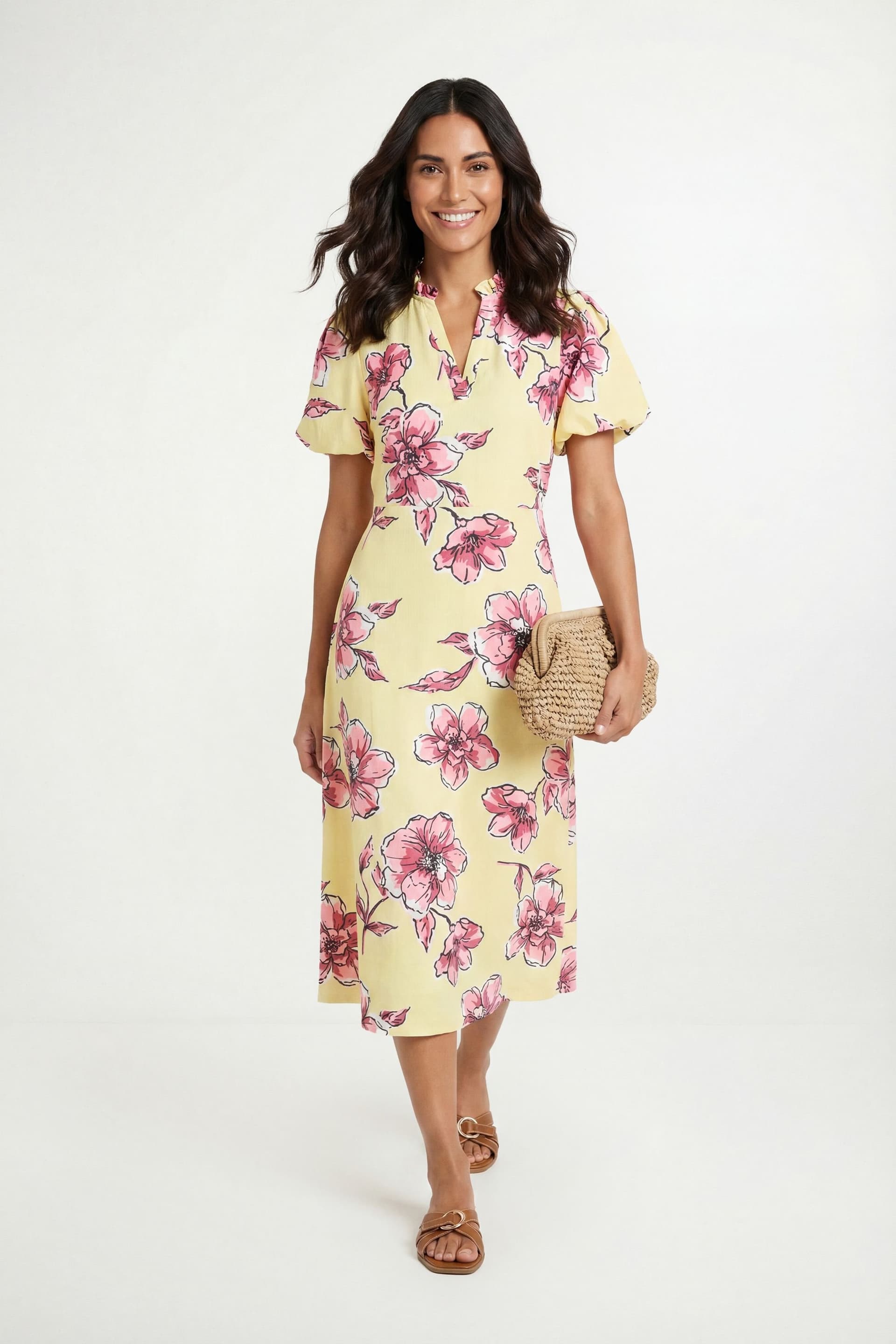 Wallis Wallis Women's Floral Waffle Ruched Midi Dress in Yellow