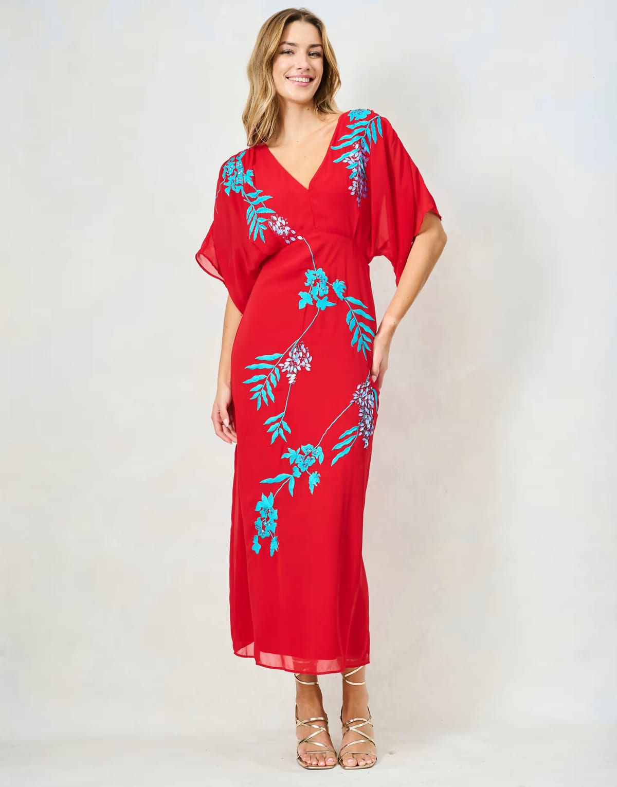 ASOS Hope & Ivy The inara embroidered v-neck midi dress with tie back in red and teal - 1