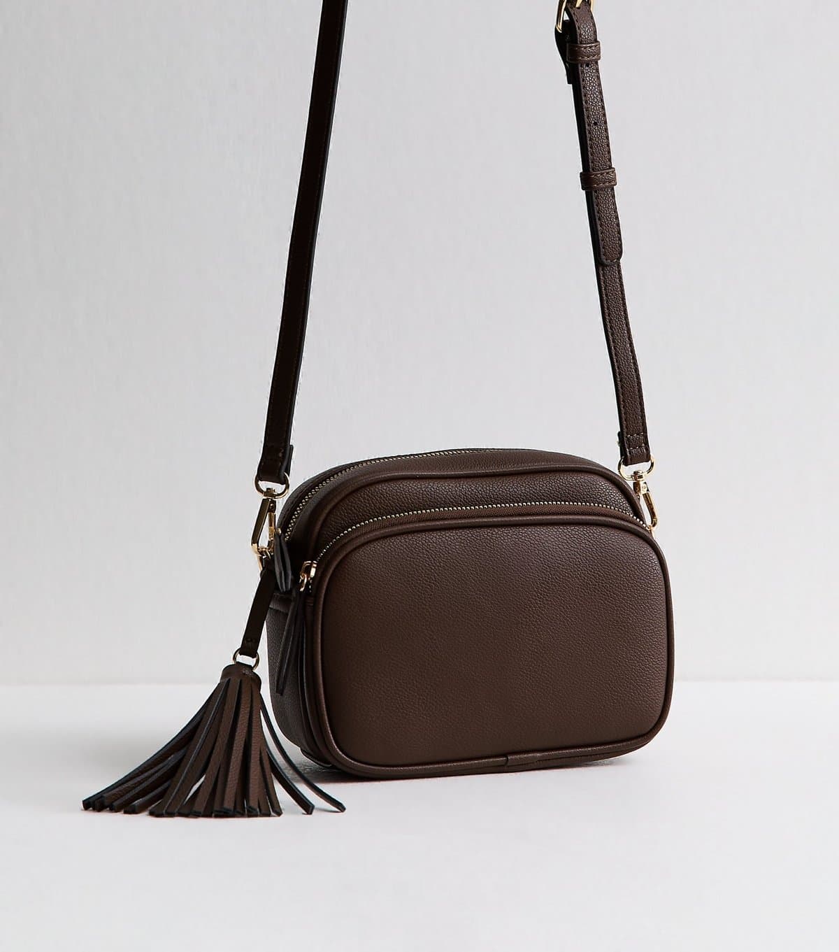 New Look Dark Brown Faux Leather Tassel Crossbody Camera Bag New Look