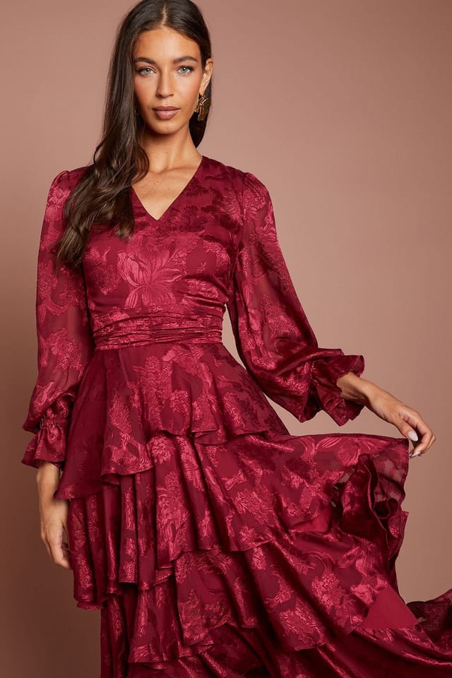 Coast Coast Women's Satin Jacquard Tiered Blouson Sleeve Midi Dress in Fig - 2