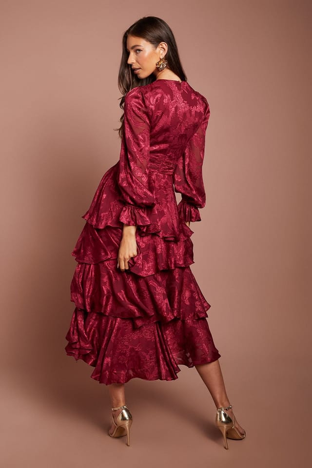 Coast Coast Women's Satin Jacquard Tiered Blouson Sleeve Midi Dress in Fig - 3