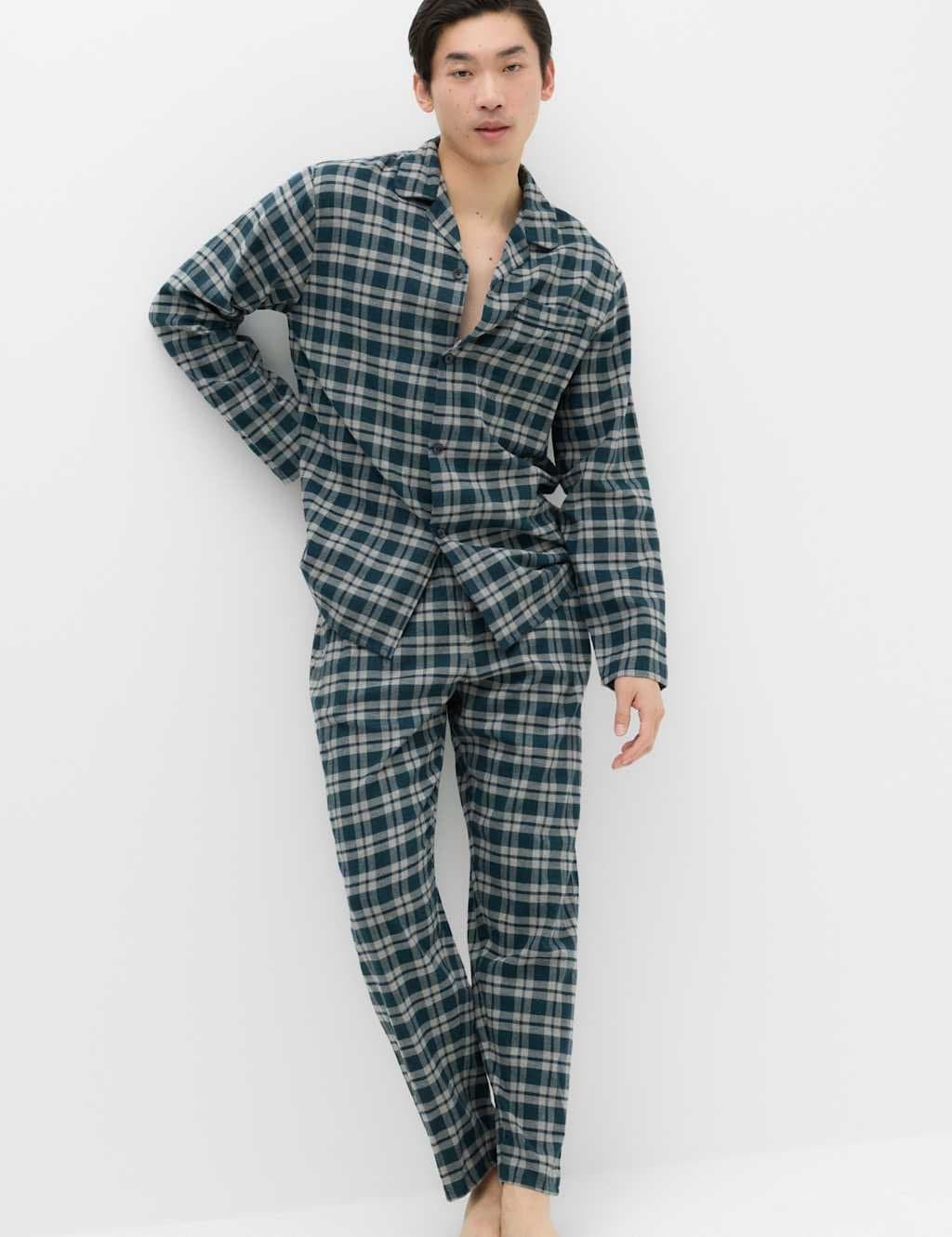 Marks & Spencer M&S Pure Cotton Brushed Check Pyjama Set Green Mix