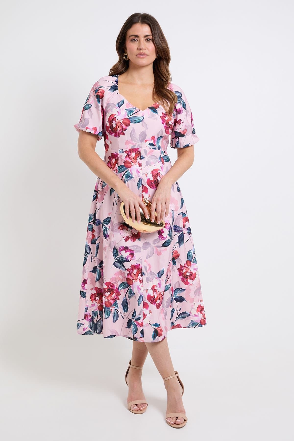 Wallis Wallis Women's Floral Ottoman Twill Midi Dress in Pink