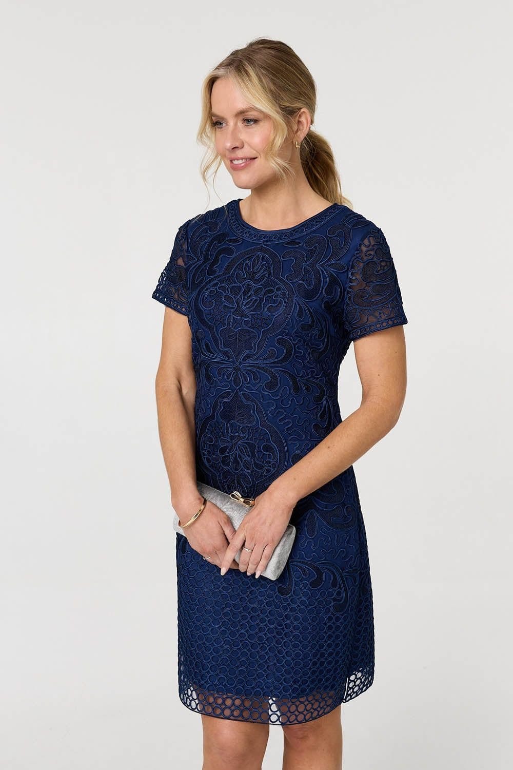 Izabel London Izabel London Women's Sheer Lace Layered Knee Length Dress in Navy - 4