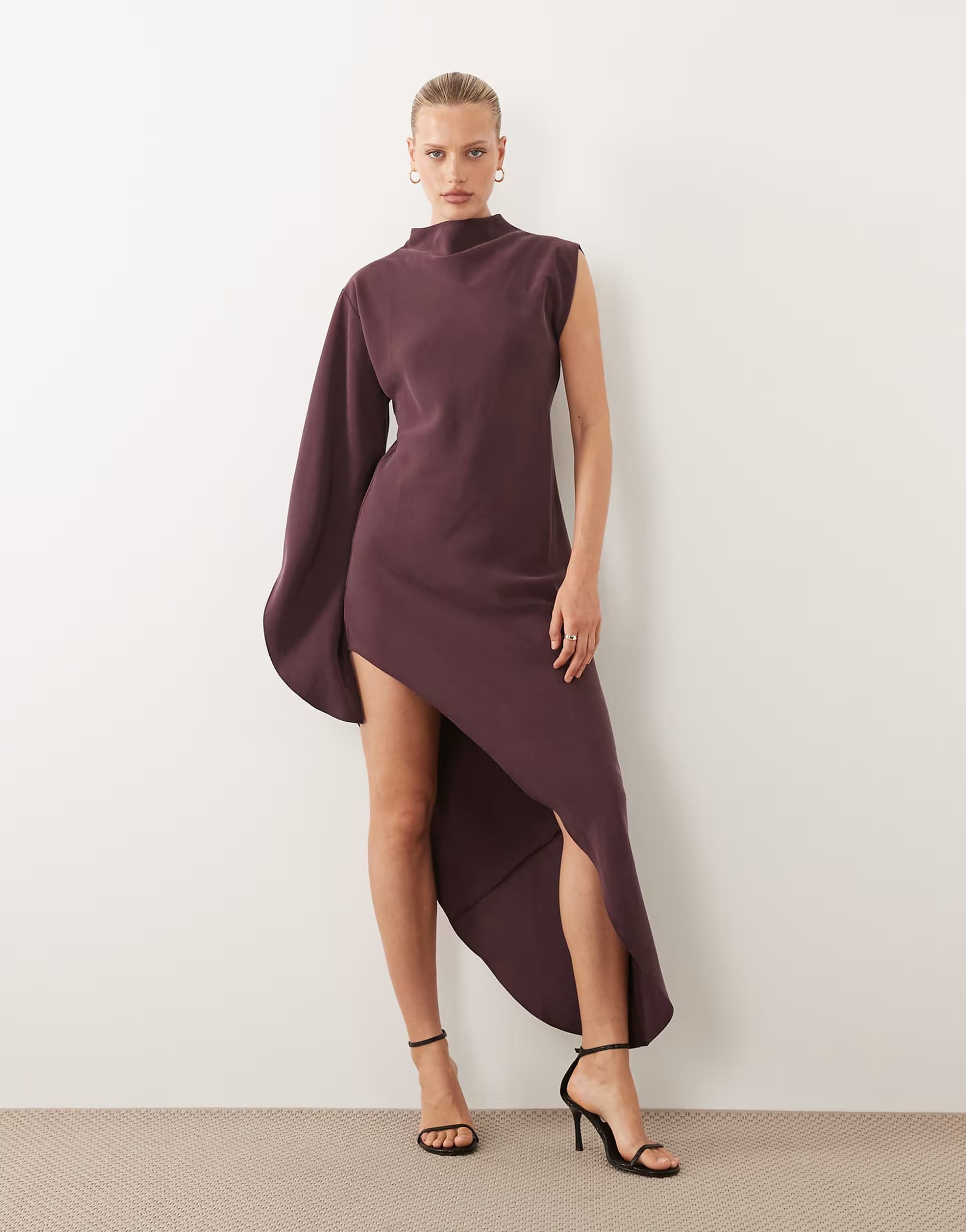 ASOS ASOS DESIGN one sleeve high neck maxi dress with asymmetric hem in Brown