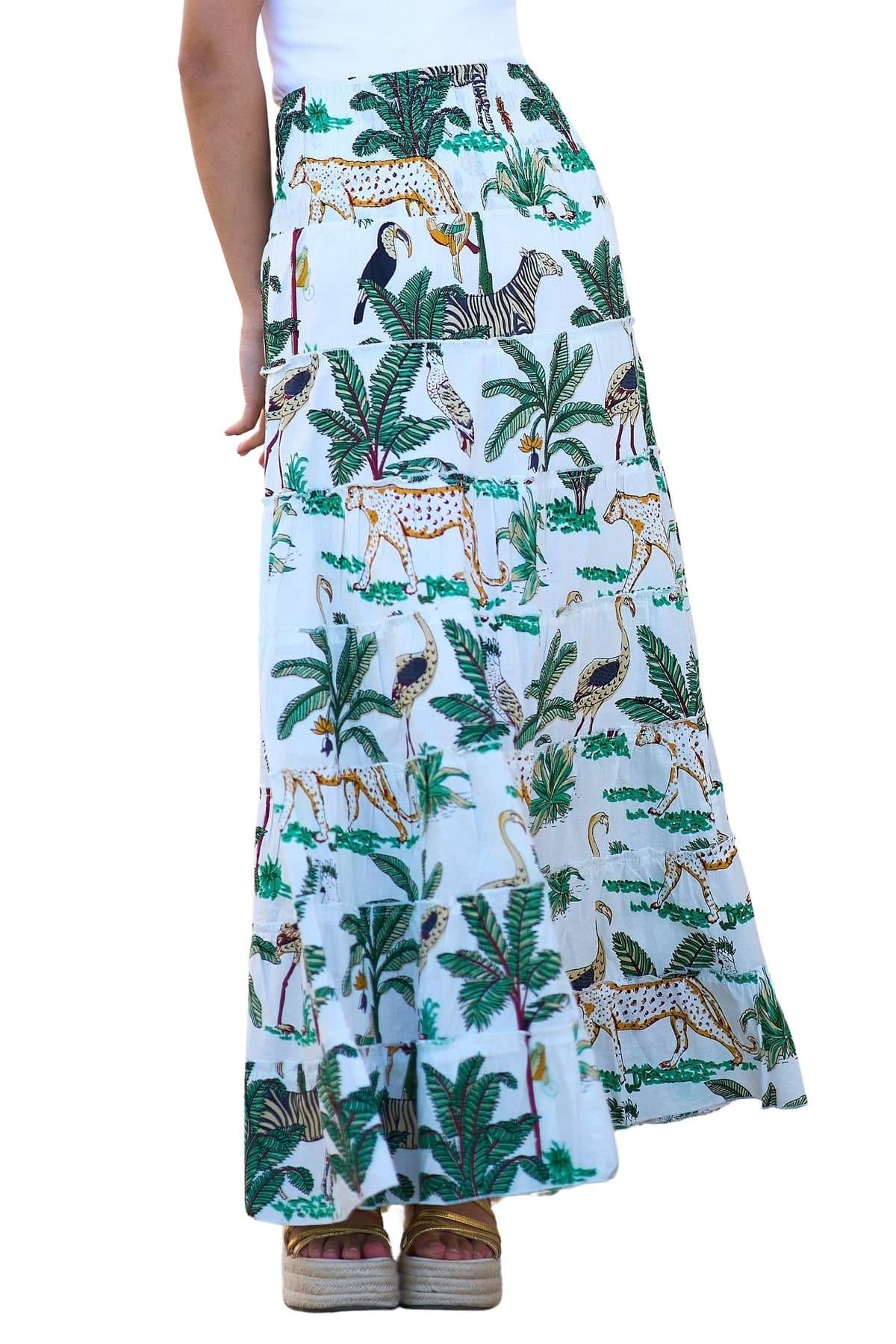 Yumi Yumi Women's Animal Print Cotton Tiered Maxi Skirt in White