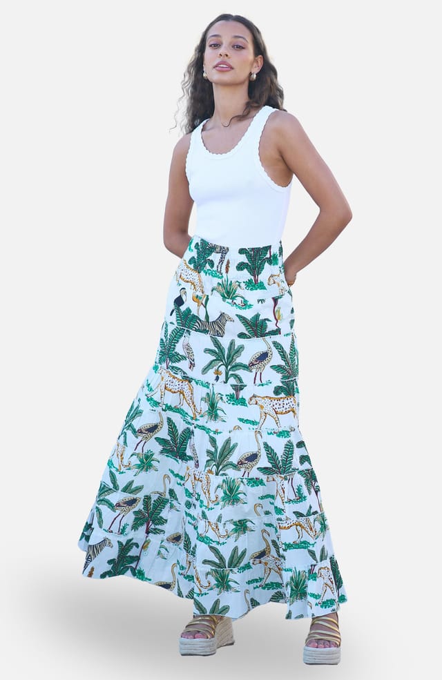 Yumi Yumi Women's Animal Print Cotton Tiered Maxi Skirt in White - 2