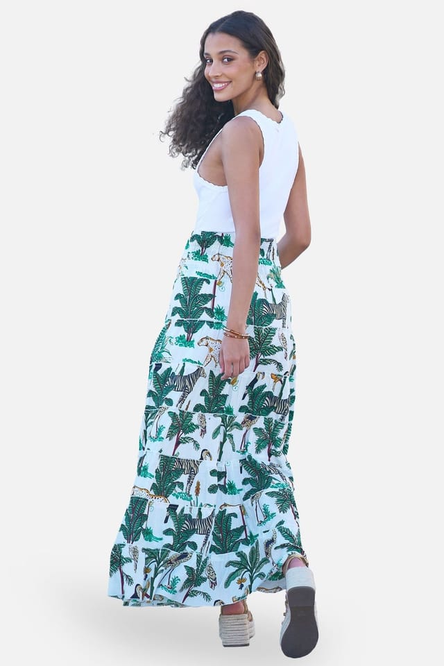 Yumi Yumi Women's Animal Print Cotton Tiered Maxi Skirt in White - 3