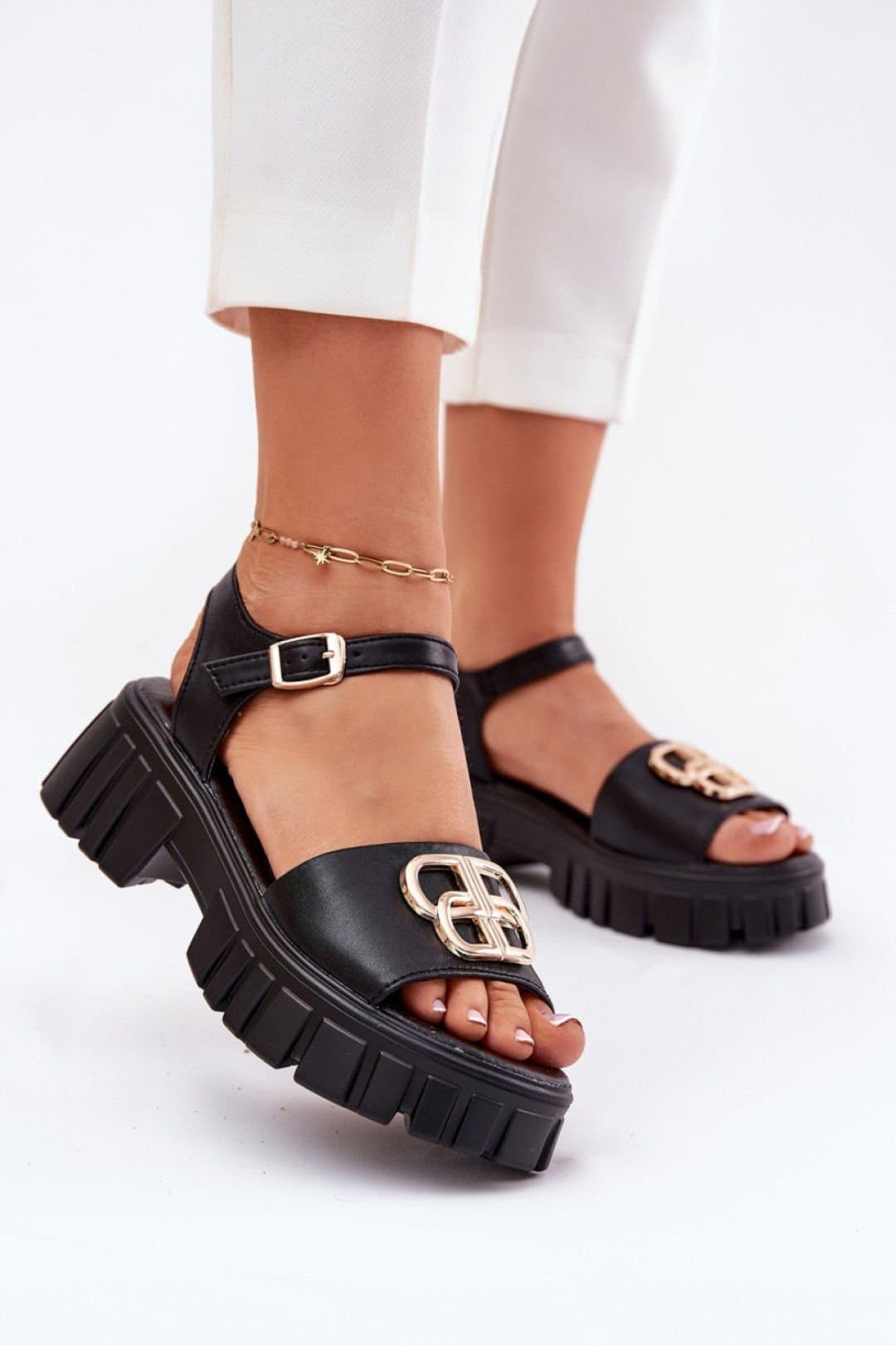 Love Lace Love Lace Women's Platform Sandals with Gold Front Decorative Buckle in Black
