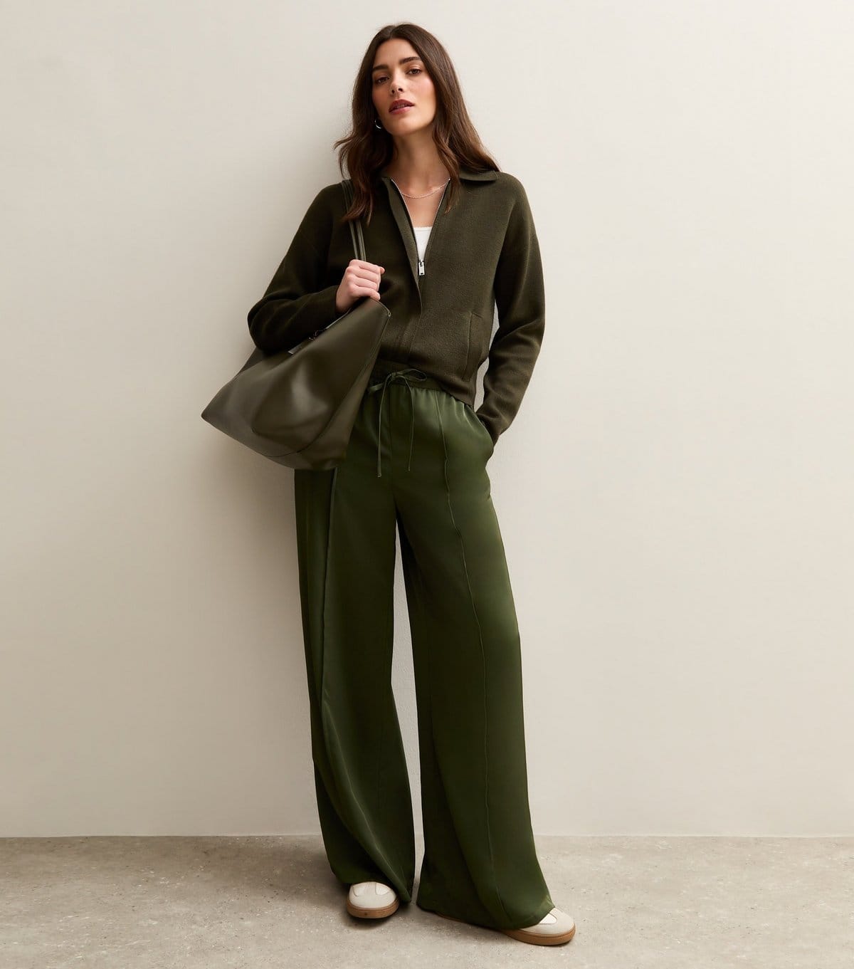 New Look Olive Satin Wide Leg Trousers