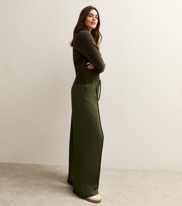 New Look Women's Khaki Satin Drawstring Waist Wide Leg Trousers New Look - 3