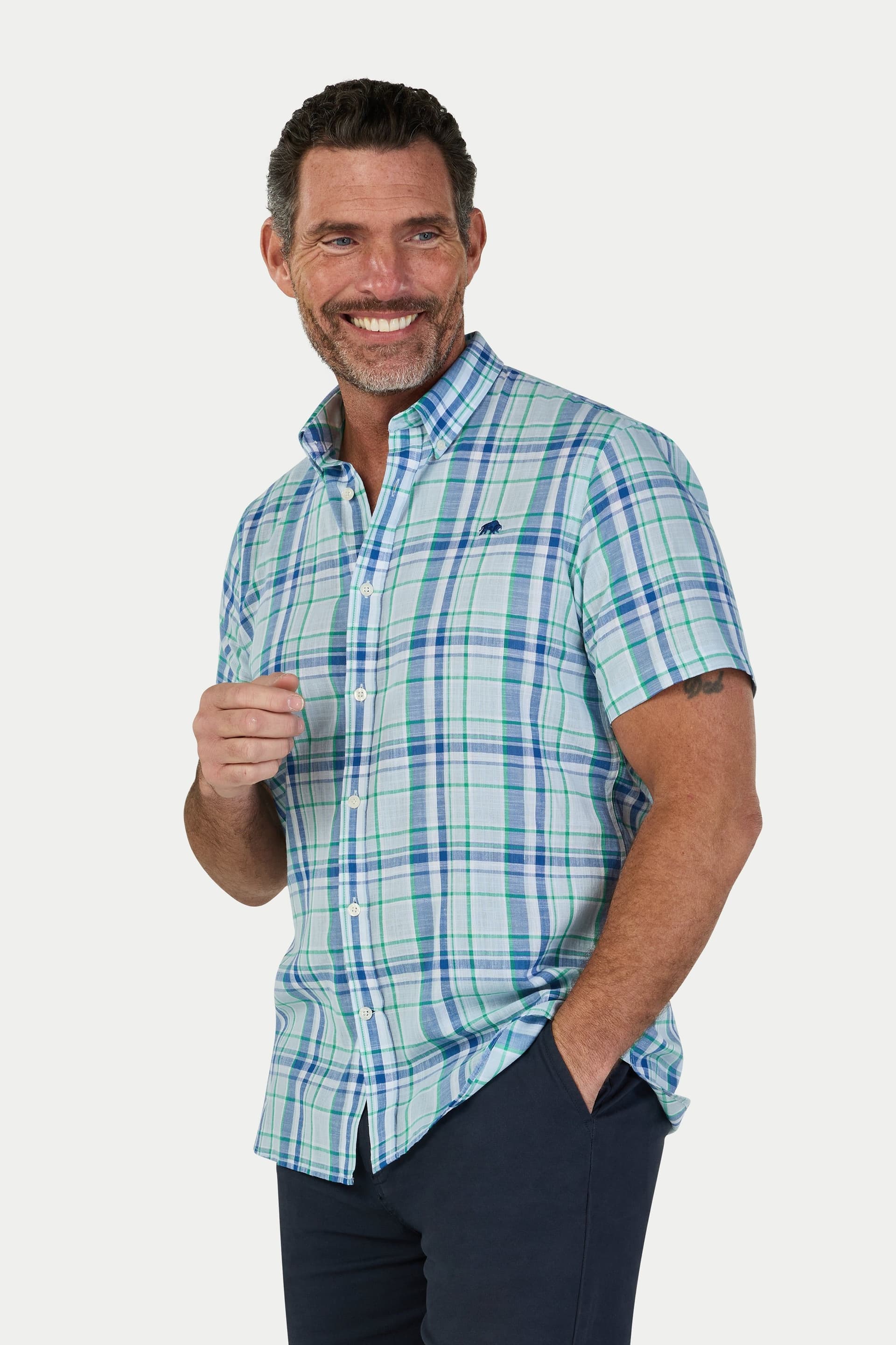 raging bull Raging Bull Men's Short Sleeve Pacific Check Linen Look Shirt in Light Blue