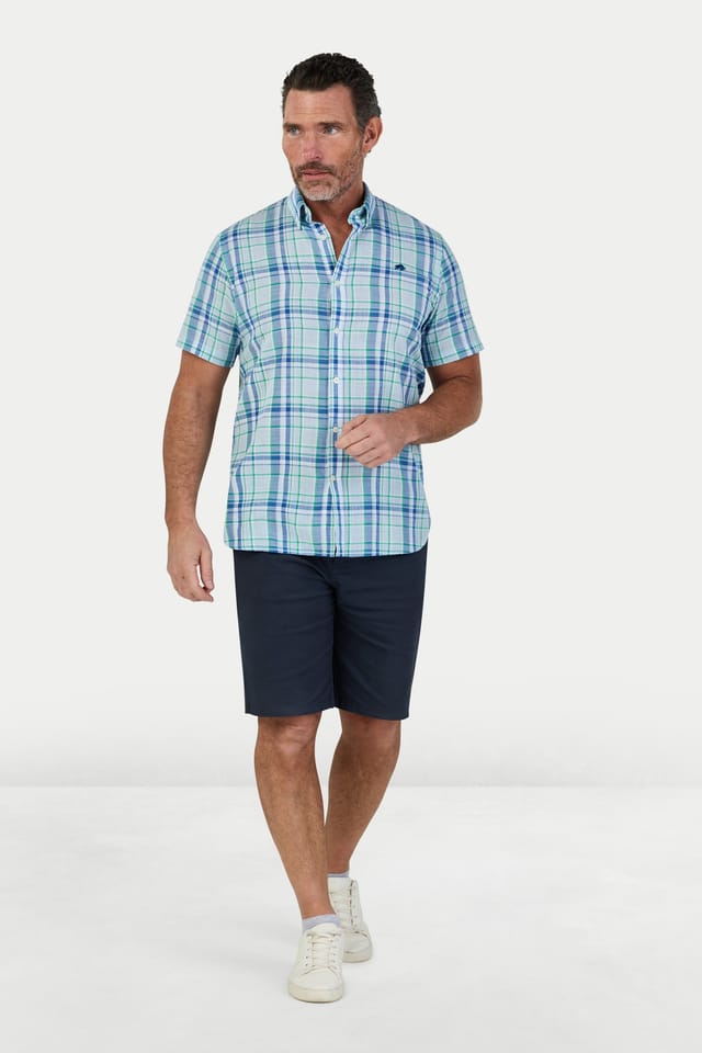 raging bull Raging Bull Men's Short Sleeve Pacific Check Linen Look Shirt in Light Blue - 2