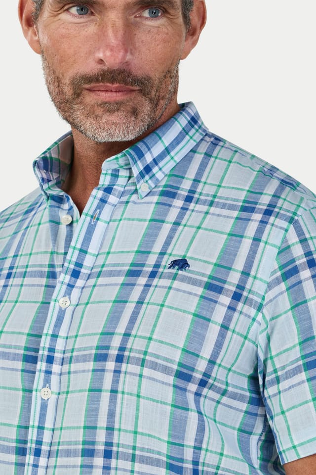 raging bull Raging Bull Men's Short Sleeve Pacific Check Linen Look Shirt in Light Blue - 3