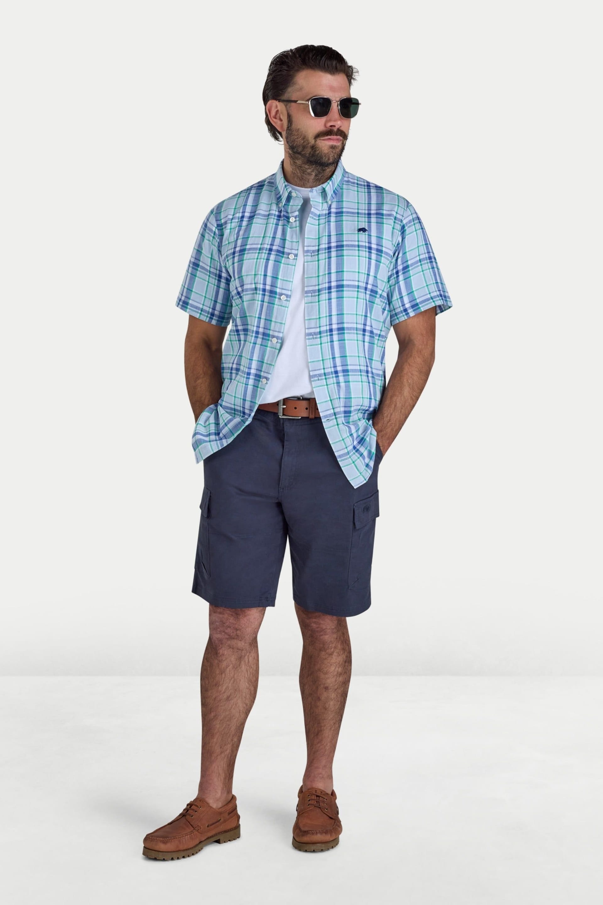 raging bull Raging Bull Men's Short Sleeve Pacific Check Linen Look Shirt in Light Blue - 4
