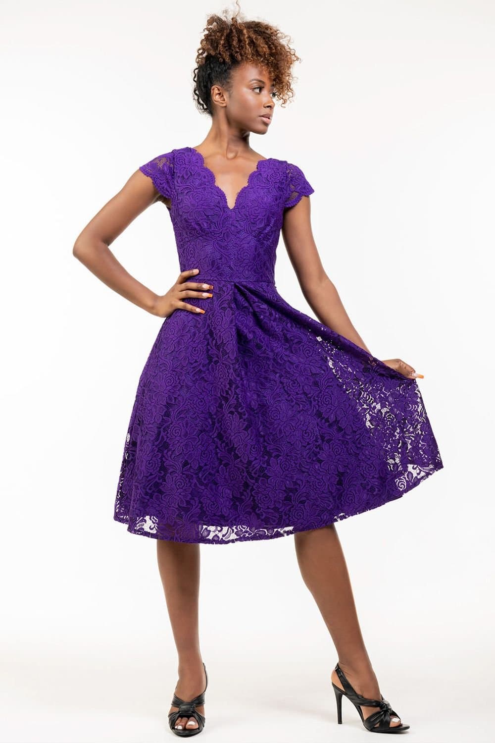 Jolie Moi Jolie Moi Women's Cap Sleeve 50s Lace Dress in Purple