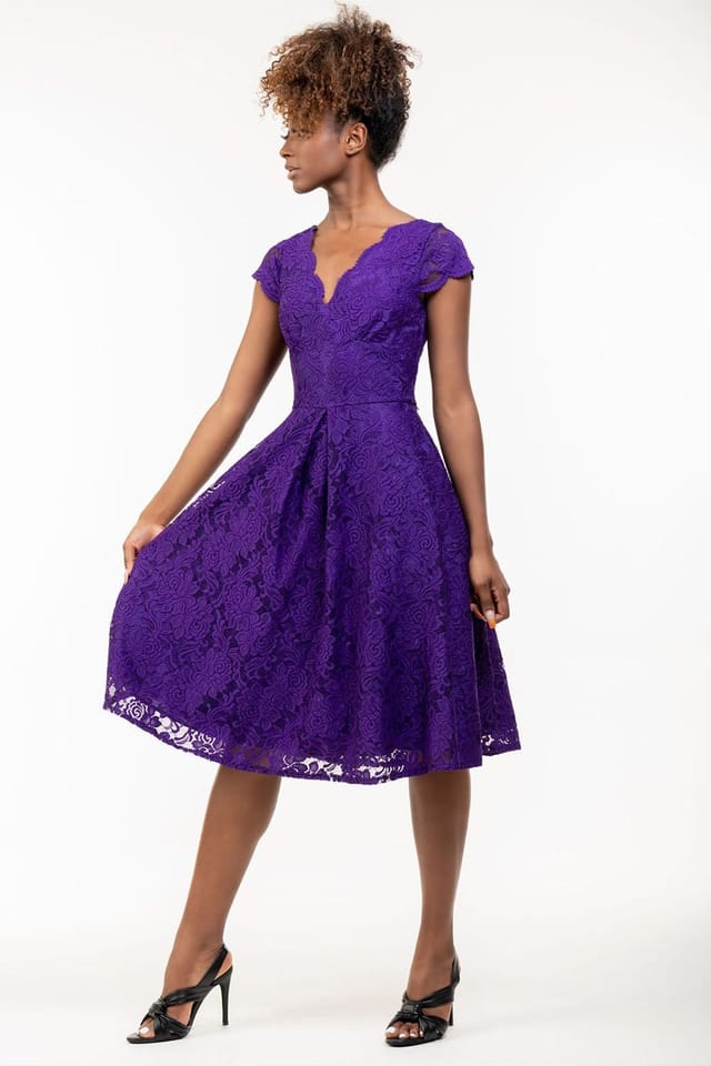 Jolie Moi Jolie Moi Women's Cap Sleeve 50s Lace Dress in Purple - 2