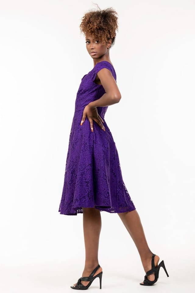 Jolie Moi Jolie Moi Women's Cap Sleeve 50s Lace Dress in Purple - 3