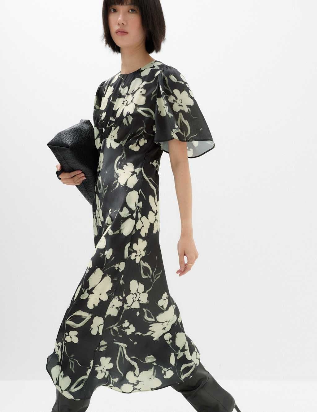 Marks & Spencer M&S Satin Floral Empire Line Midi Waisted Dress Black Mix