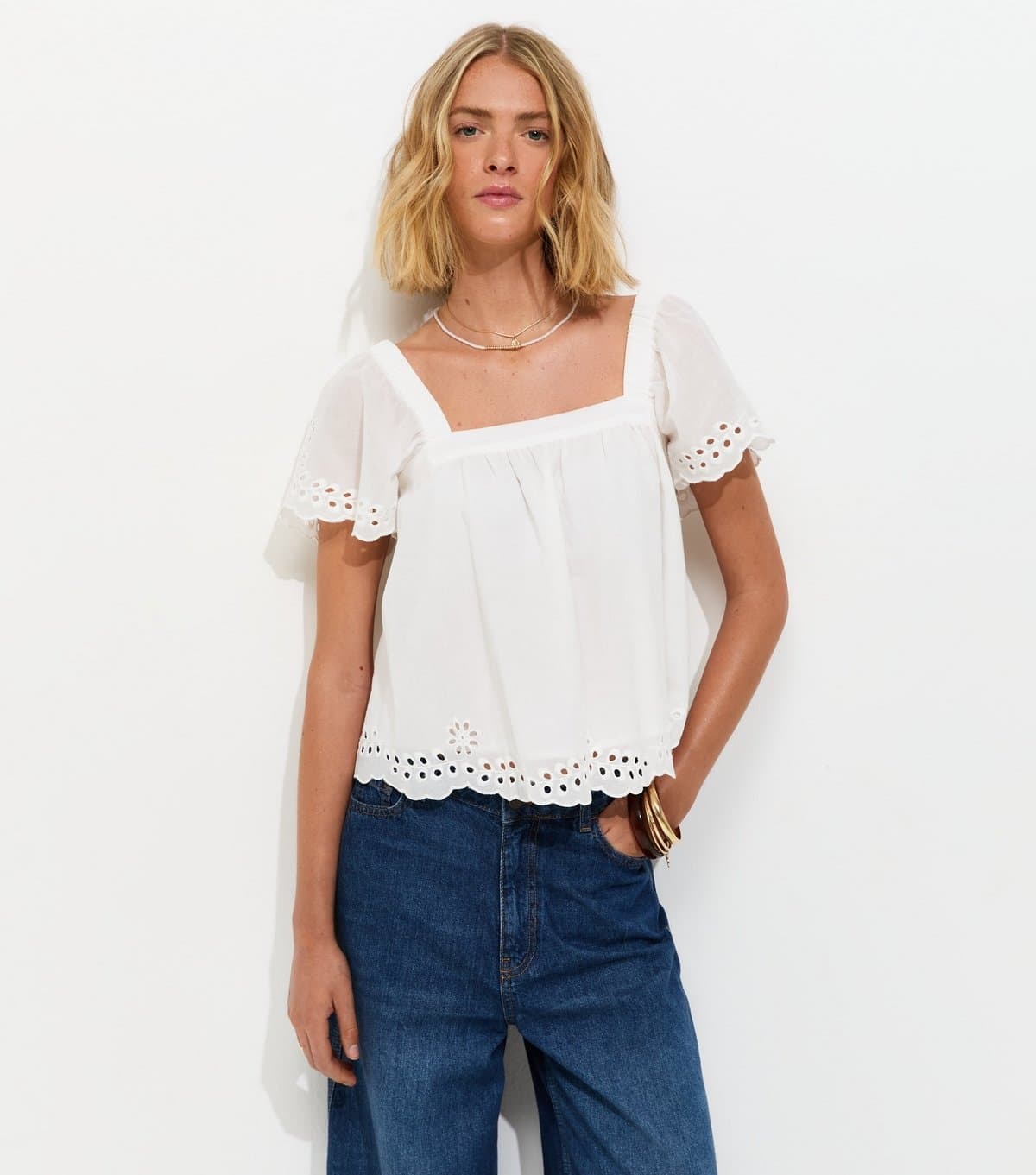 New Look Women's White Embroidered Square Neck Blouse New Look