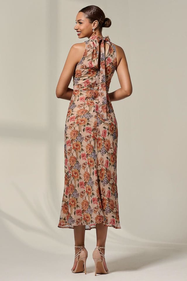 Jolie Moi Jolie Moi Women's Chiffon Halterneck Printed Midaxi Dress in Light Beige - 2