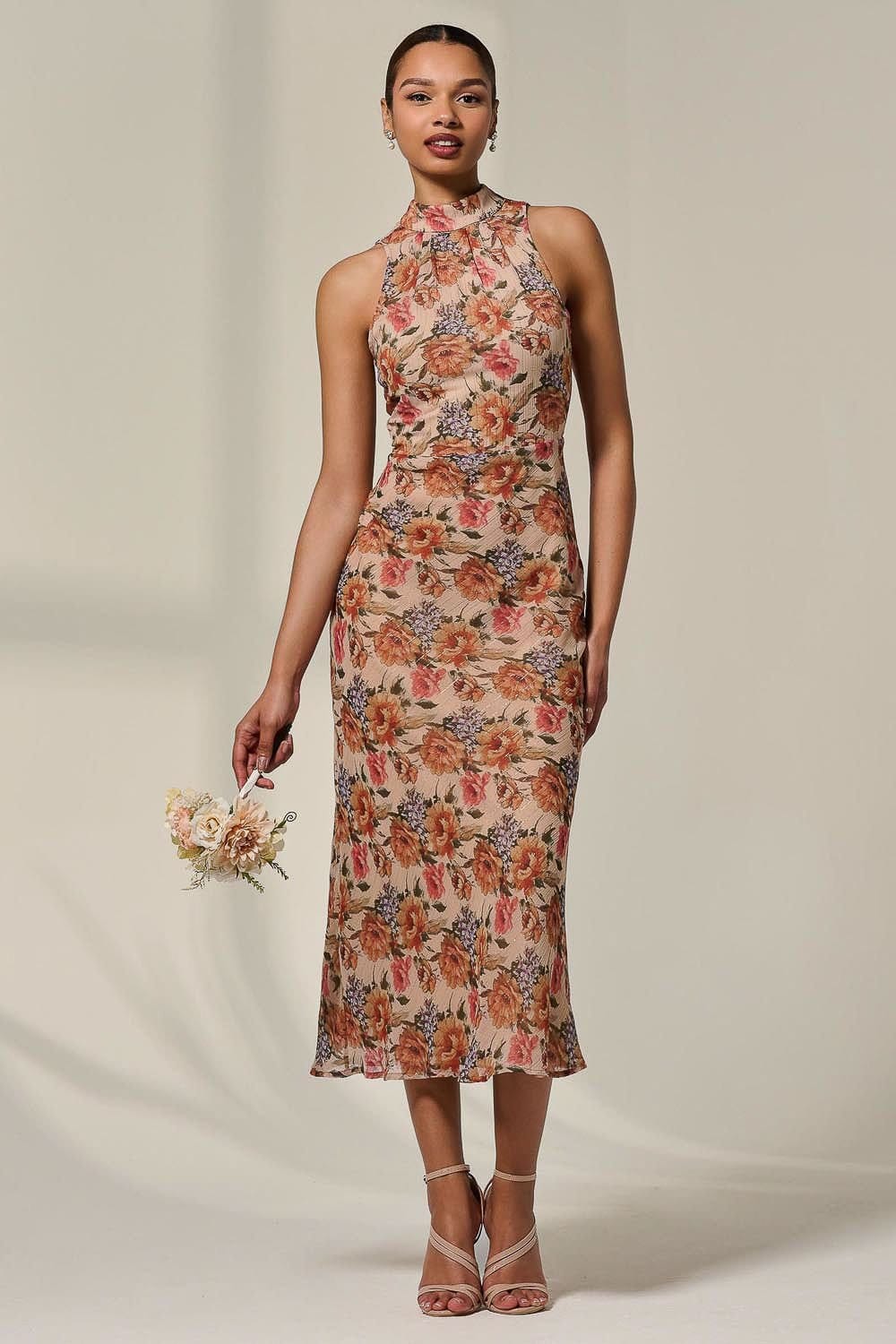 Jolie Moi Jolie Moi Women's Chiffon Halterneck Printed Midaxi Dress in Light Beige - 4