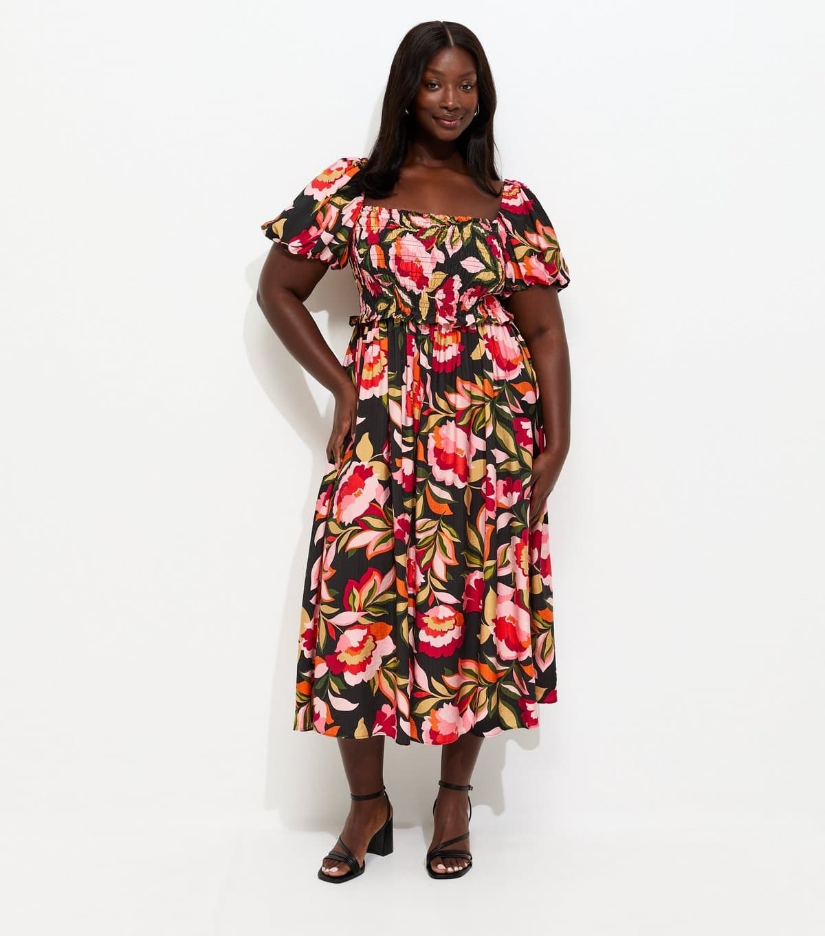 New Look Women's Plus Size Black Floral Print Milkmaid Midi Dress Curves New Look