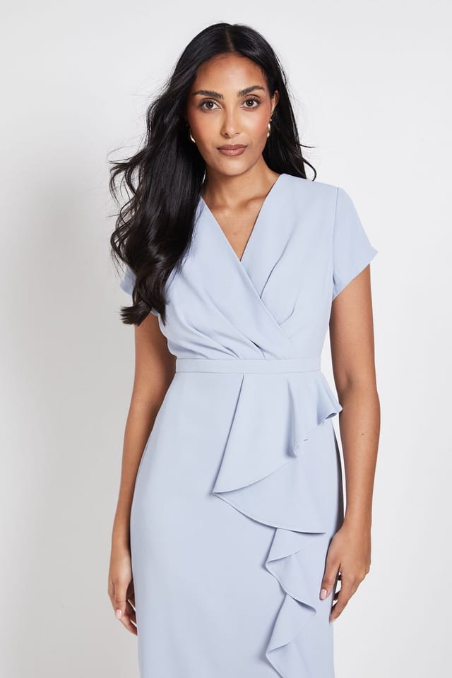 Wallis Wallis Women's Petite Tailored Crepe Ruffle Pencil Dress in Blue - 2