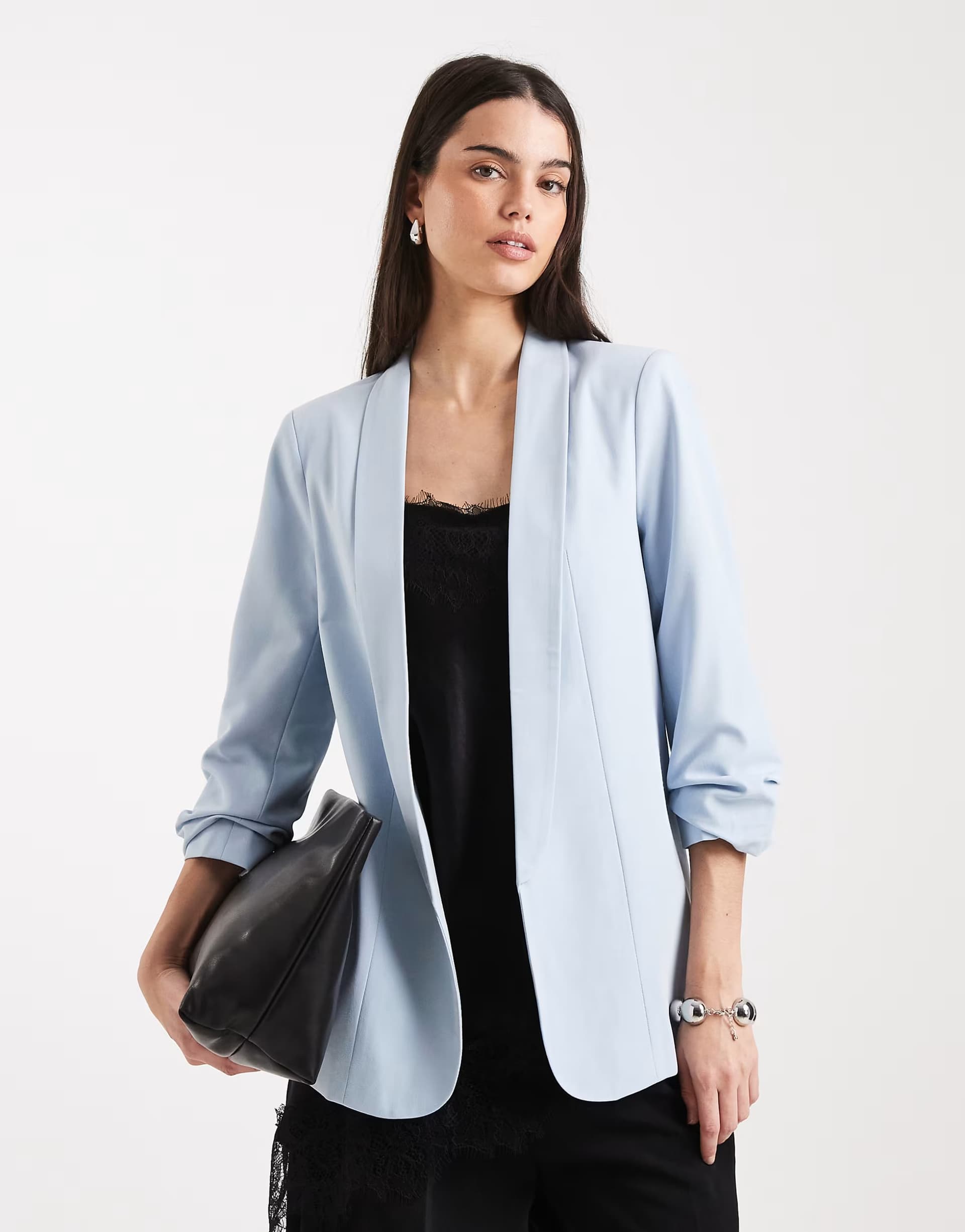 ASOS Pieces tailored ruched sleeve blazer in light blue