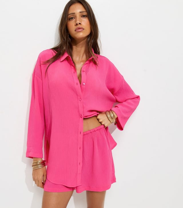 New Look Women's Bright Pink Crinkled Beach Shirt New Look - 2