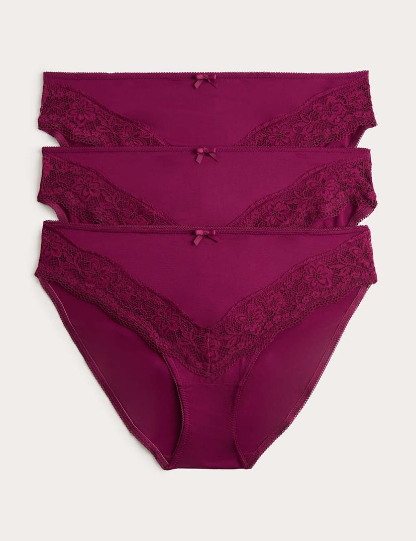 Marks & Spencer M&S 3 Pack Jasmine Lace Trim High Leg Knickers Dark Raspberry - 1