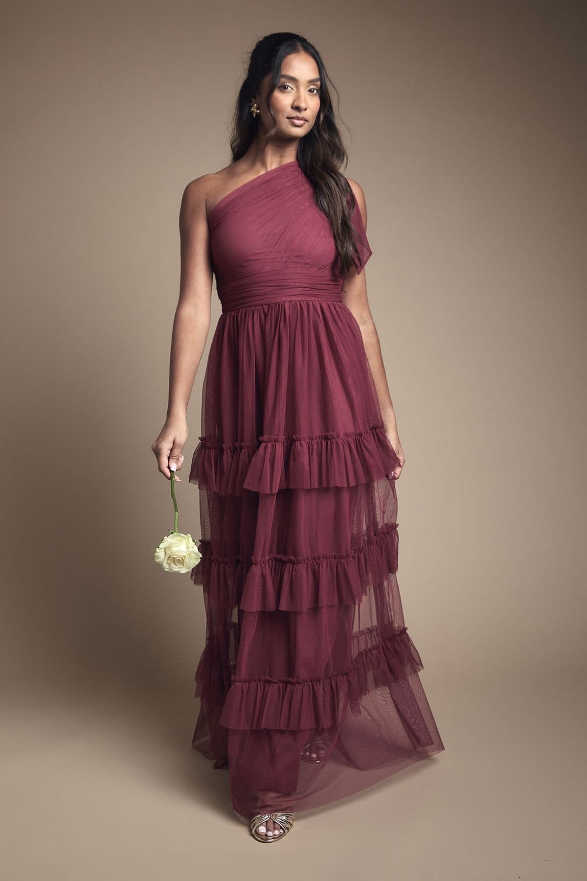 Oasis Oasis Women's Pleated Mesh One Shoulder Tiered Maxi Bridesmaid Maxi Dress in Berry