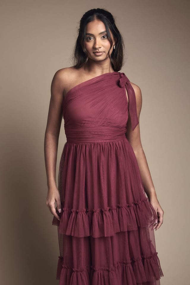 Oasis Oasis Women's Pleated Mesh One Shoulder Tiered Maxi Bridesmaid Maxi Dress in Berry - 2