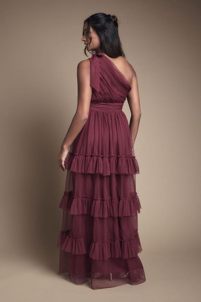 Oasis Oasis Women's Pleated Mesh One Shoulder Tiered Maxi Bridesmaid Maxi Dress in Berry - 3