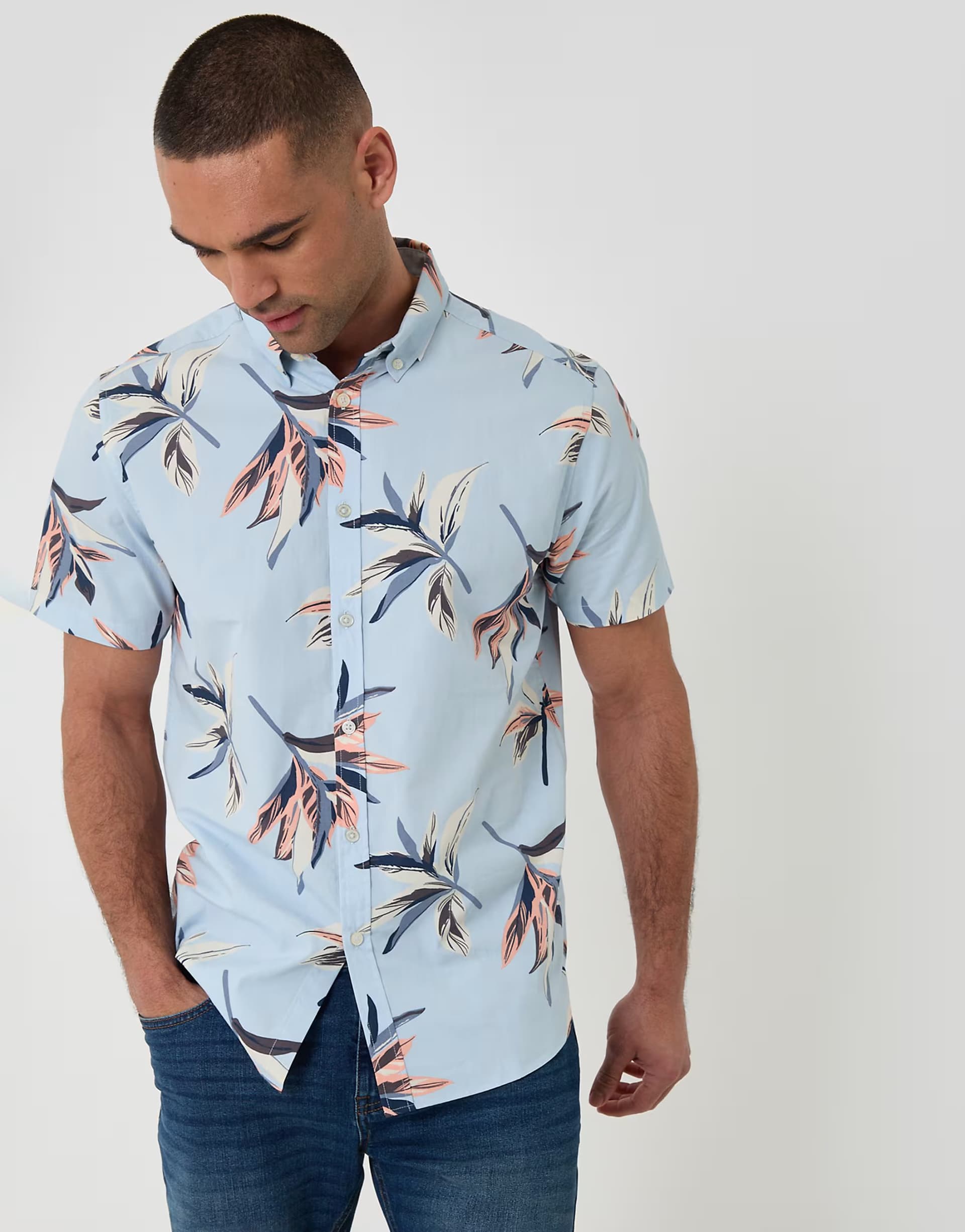 ASOS Threadbare Tropical leaf print cotton short sleeve shirt in pale blue