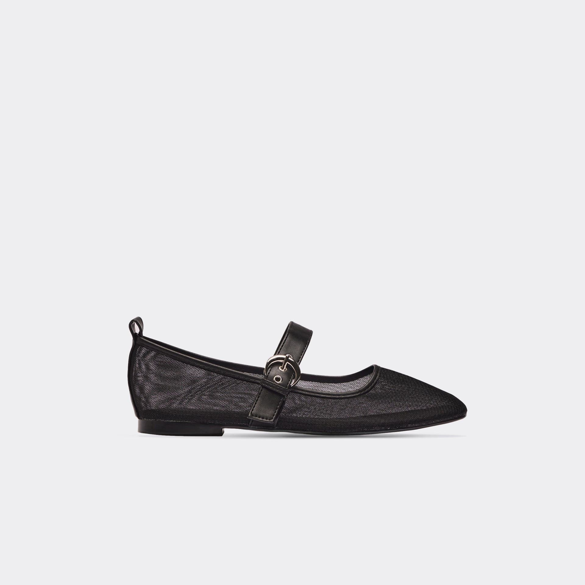 EGO West Buckle Strap Flat Ballet Pump In Black Mesh, Women's Size UK 4