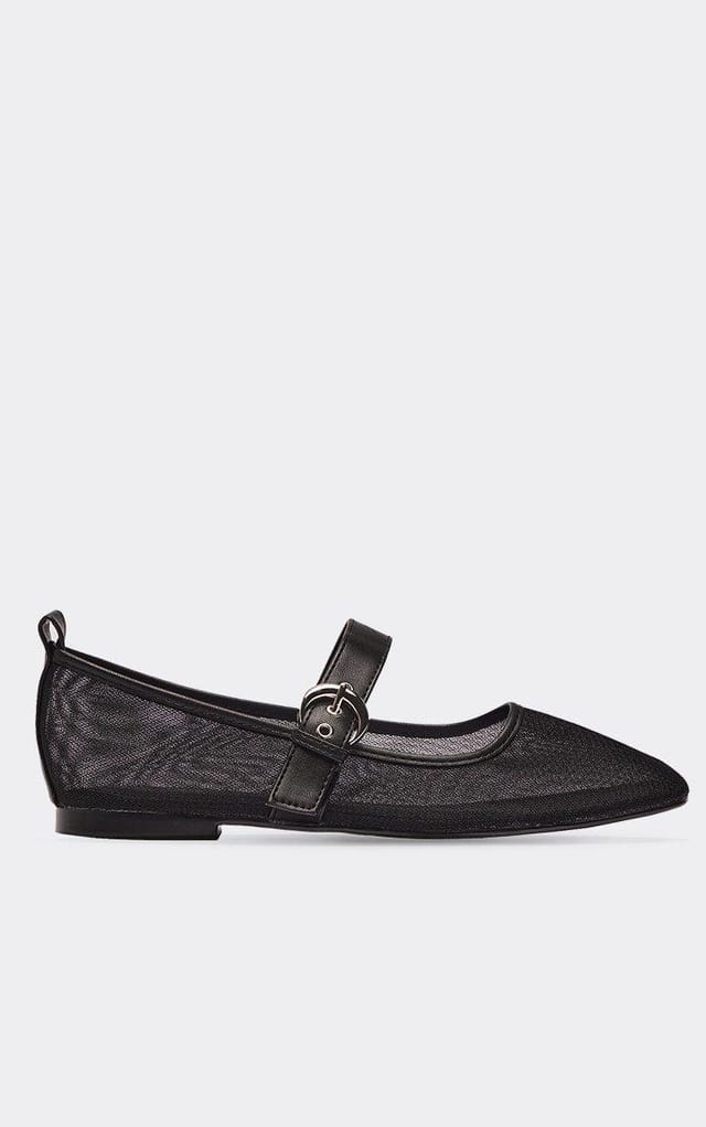EGO West Buckle Strap Flat Ballet Pump In Black Mesh, Women's Size UK 4 - 2