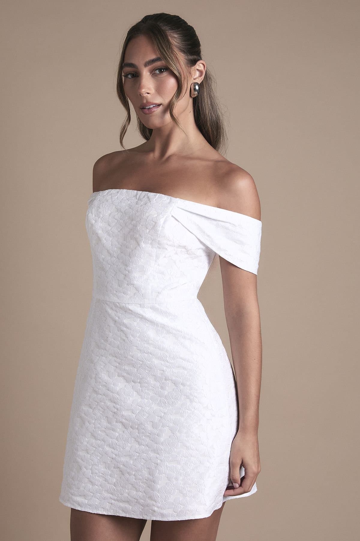 Oasis Oasis Women's Off The Shoulder Jacquard Wedding Mini Dress in Ivory